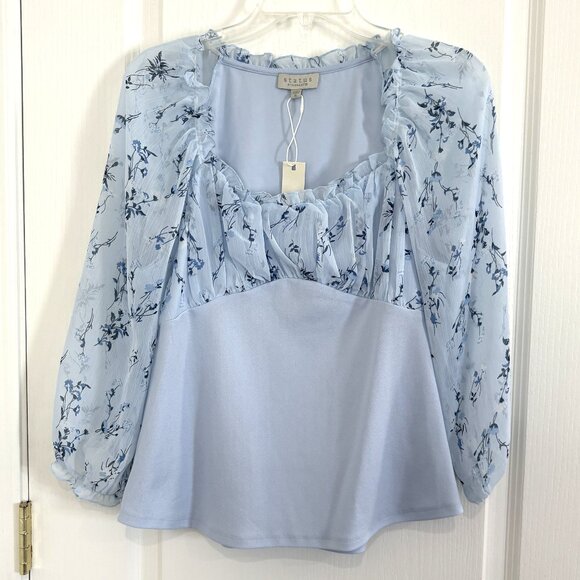 Status by Chenault Floral Chiffon Ruffle Blouse 3/4 Sleeve Top Light Blue NEW - Picture 3 of 7